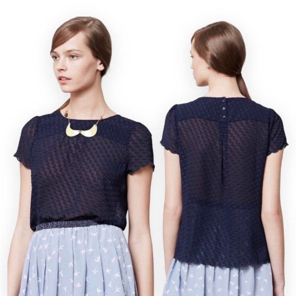 Maeve Polka Dot Scalloped Hem Sheer Blouse
Short Sleeve Top Navy Size 2